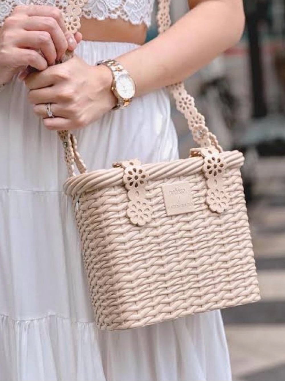 Melissa x Viktor & Rolf Woven Beige Floral-Trim Bag